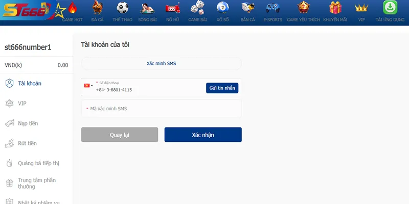 Giao diện yêu cầu mã OTP để đặt lại mật khẩu tài khoản ST666